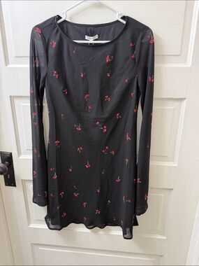 Z Supply Black Long-Sleeve Mini Dress with Red Cherry Print